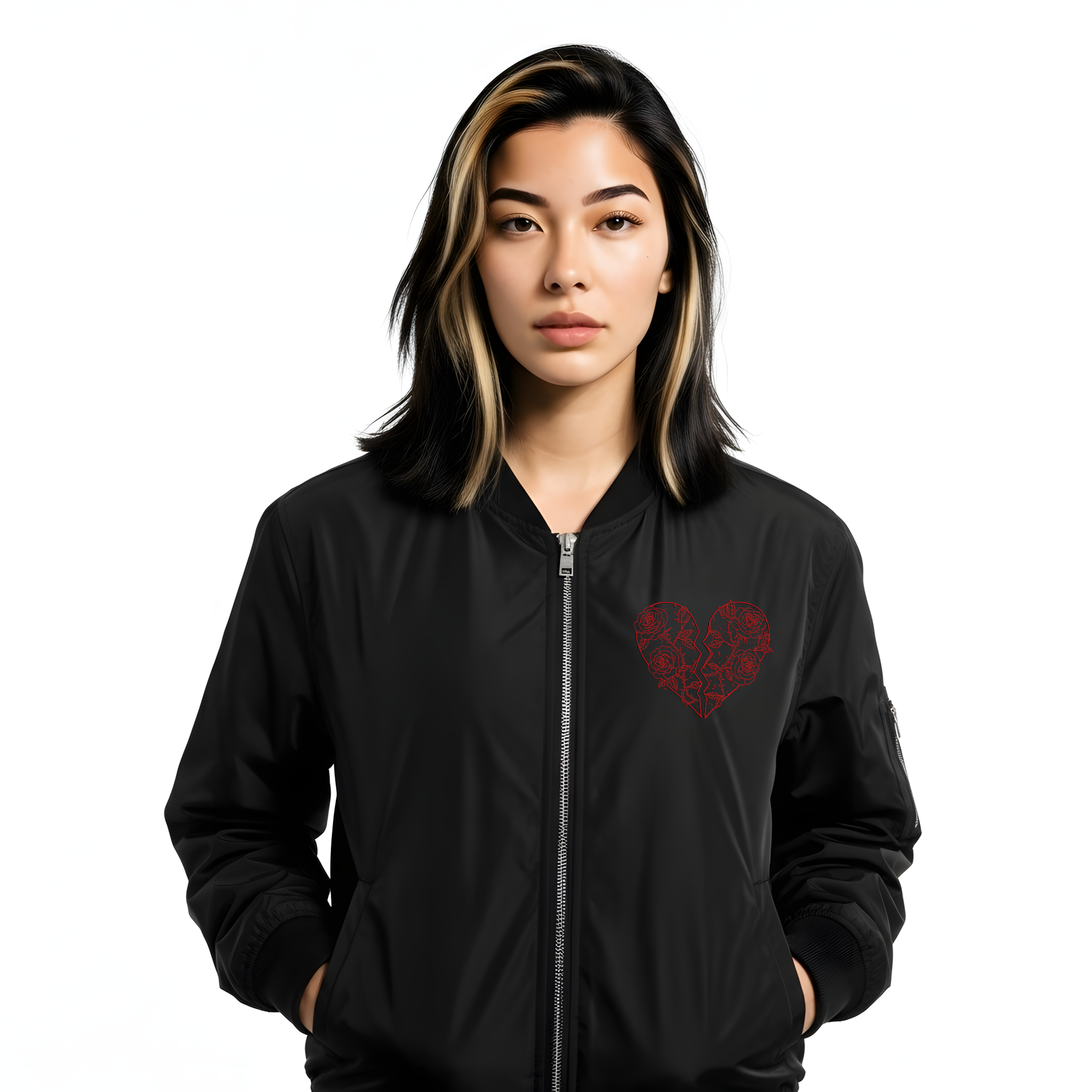 Person wearing a black bomber jacket with a red logo on a white background