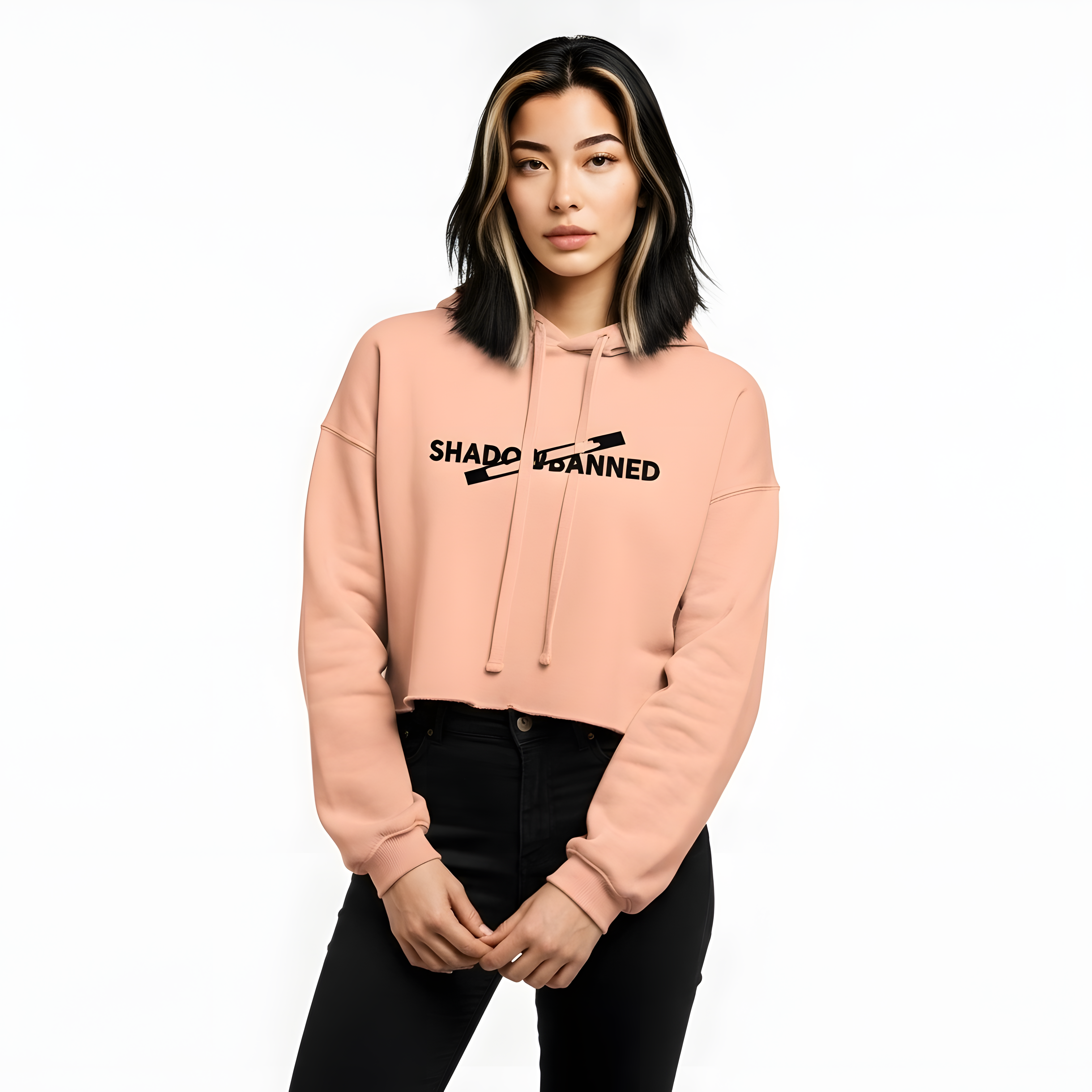 Person wearing a pink hoodie with text on a white background