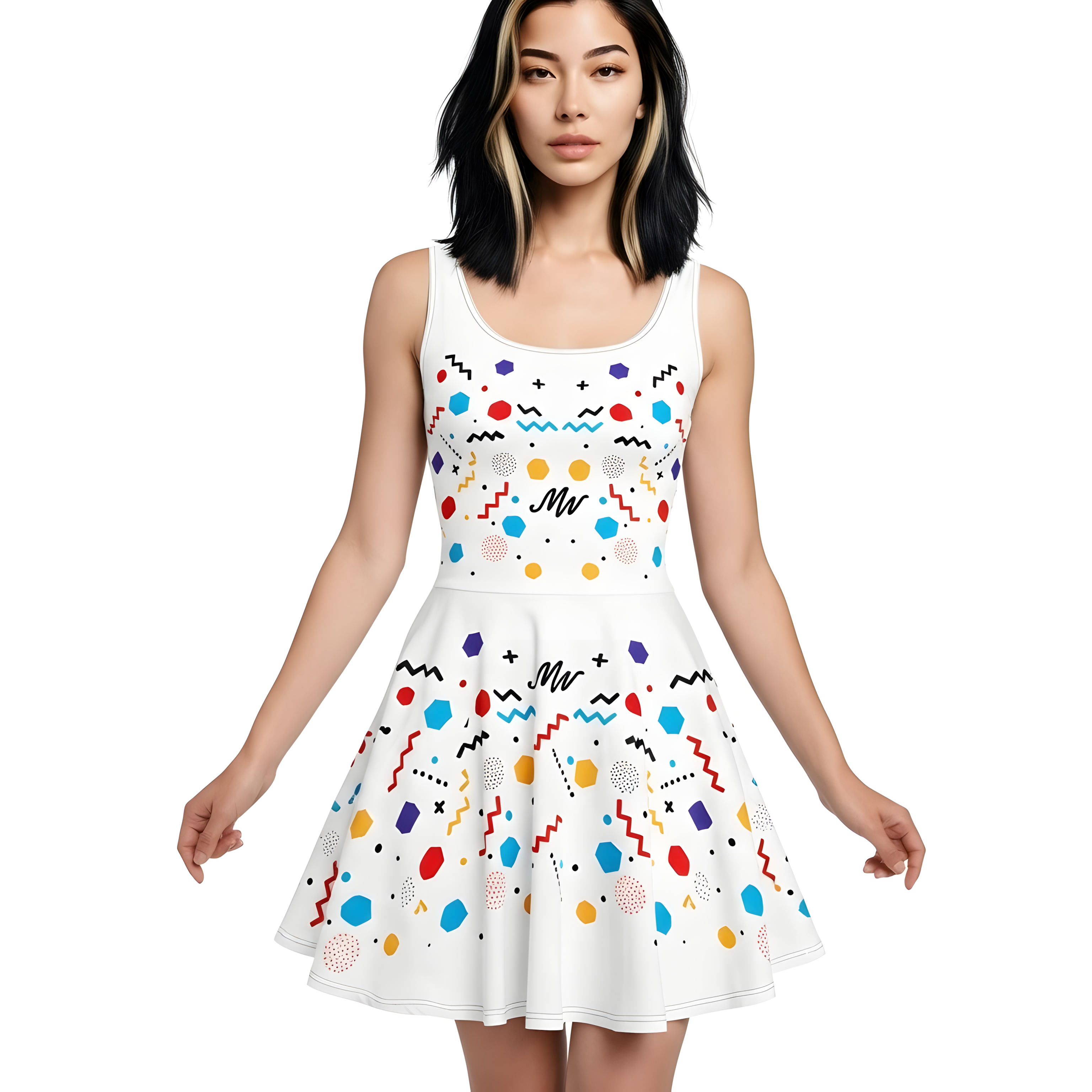 Woman wearing a white dress with colorful patterns on a white background