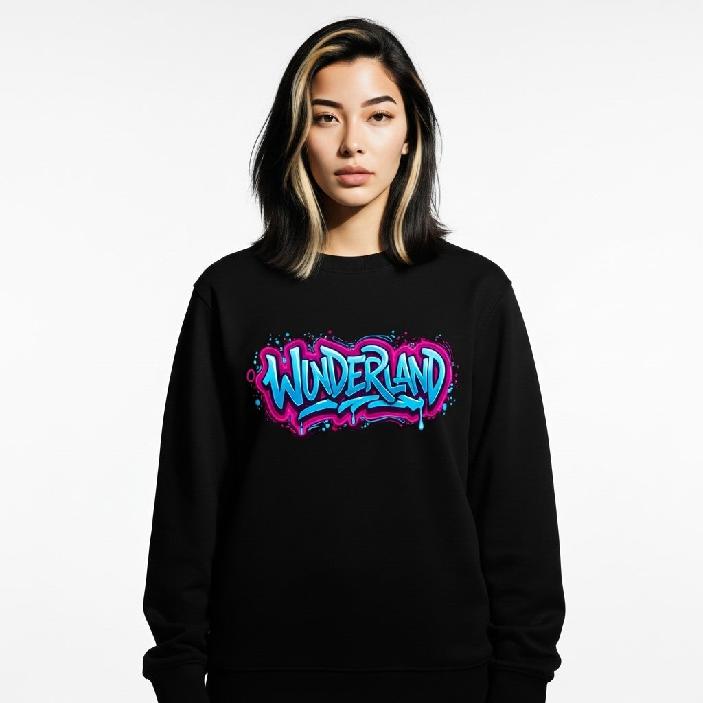 Person wearing a black sweatshirt with 'Wunderland' text in colorful design on a white background