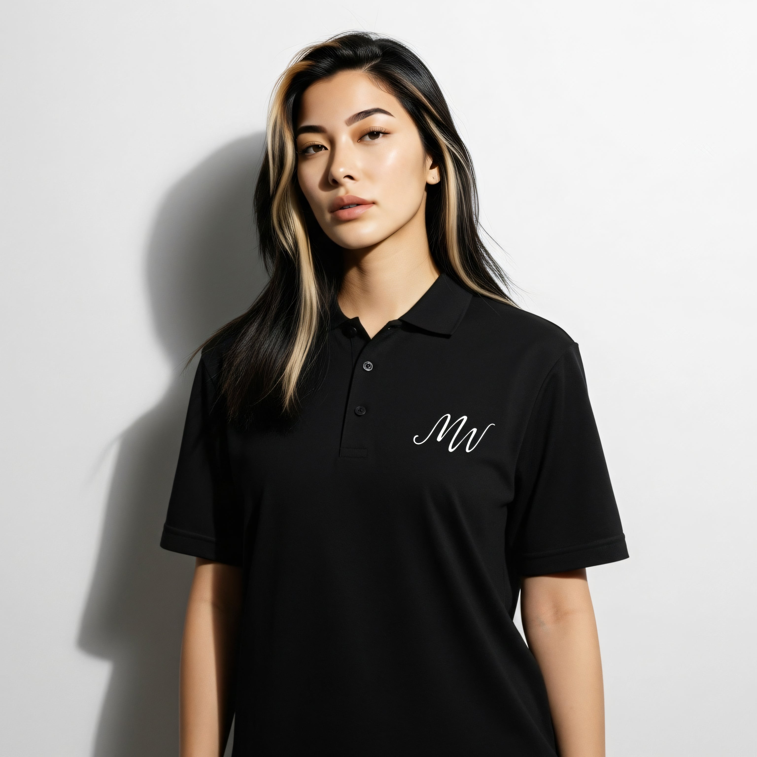 Person wearing a black polo shirt with a logo on a white background