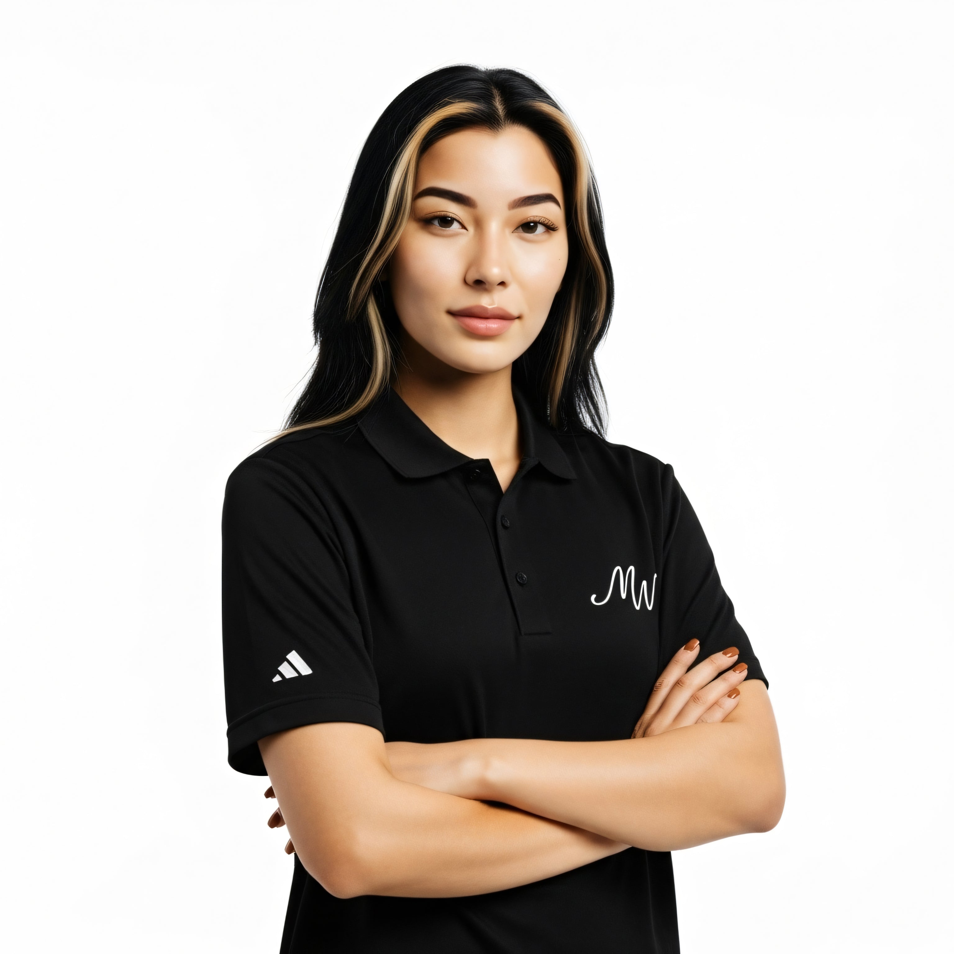 Person wearing a black Adidas polo shirt with a logo on a white background