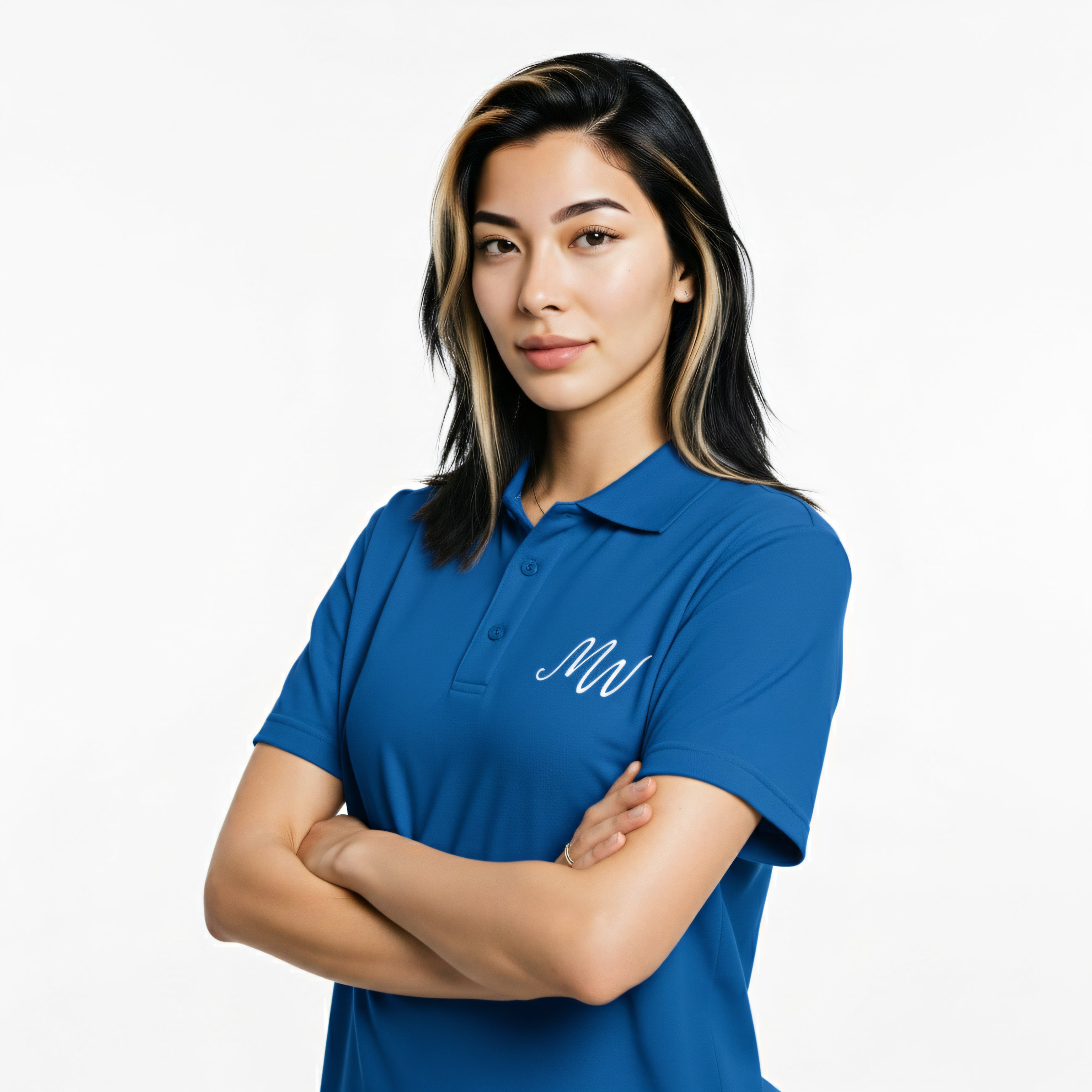 Woman wearing a blue polo shirt with a logo on a white background