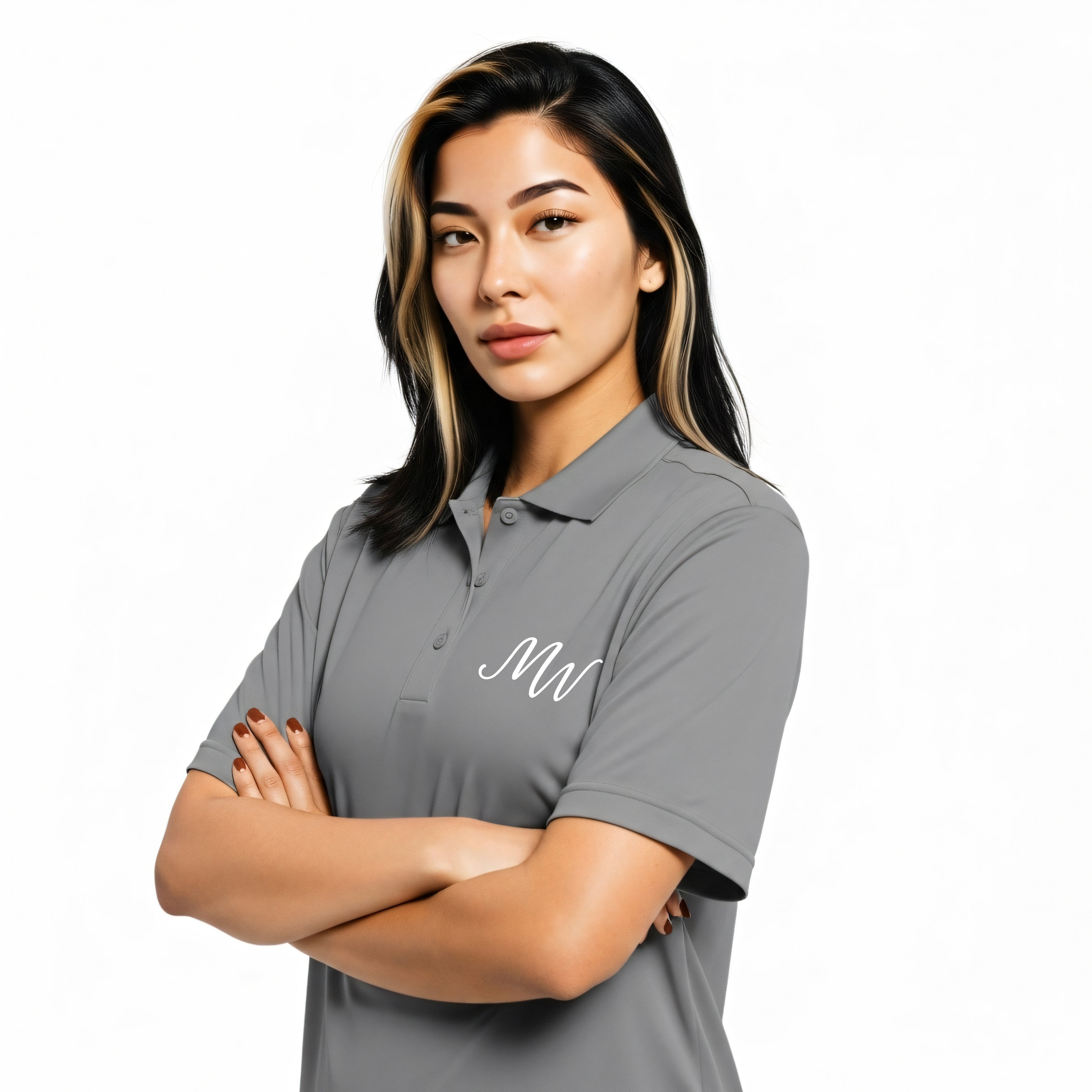 Woman wearing a gray polo shirt with a logo on a white background