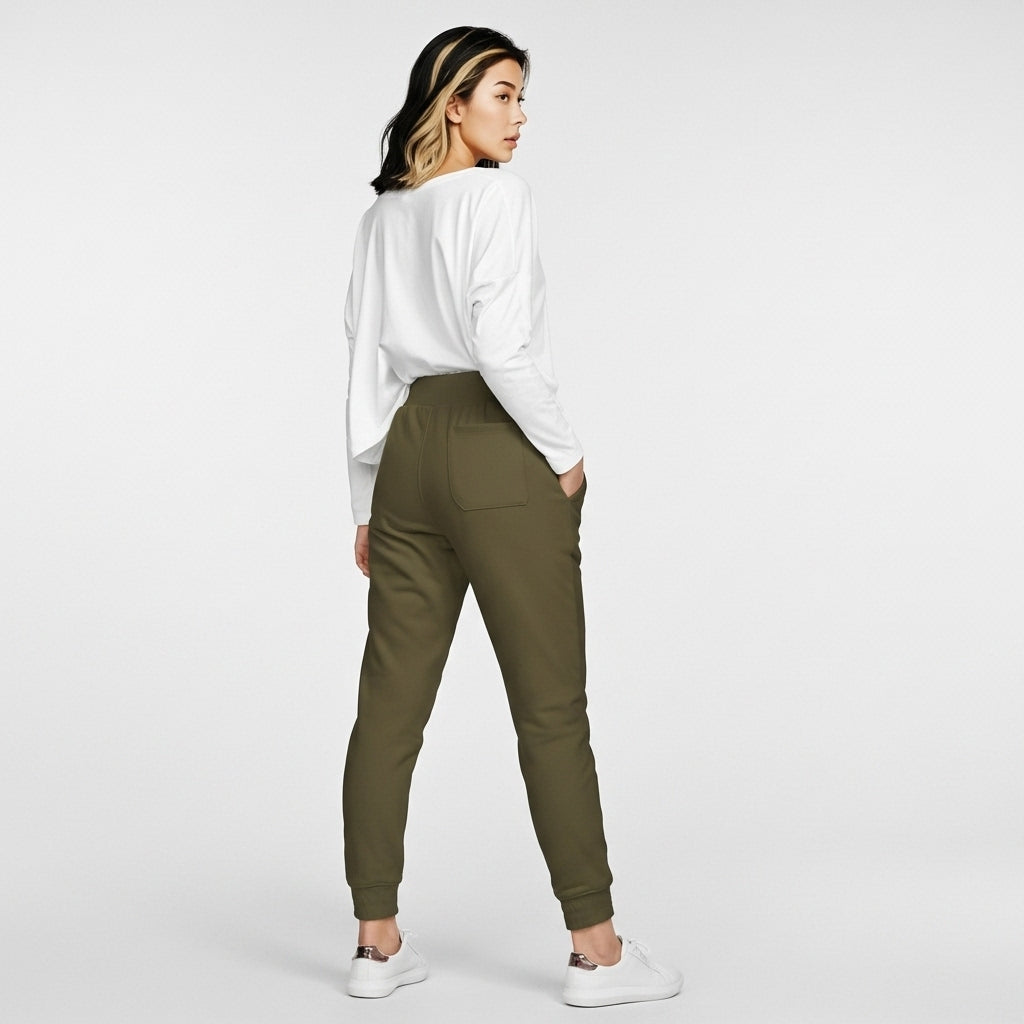 Person wearing olive green pants and a white sweatshirt on a white background