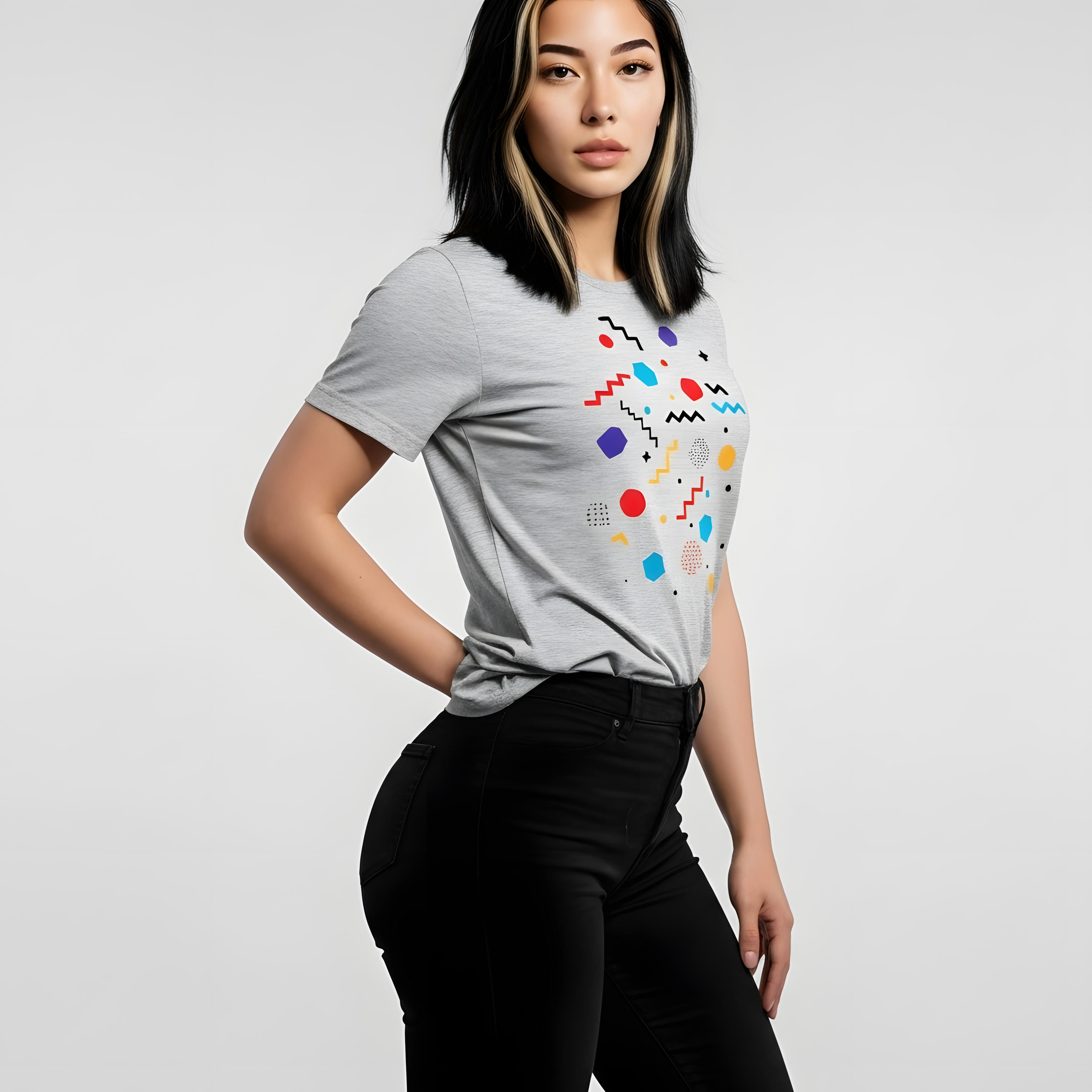 Person wearing a gray t-shirt with colorful geometric patterns on a plain background