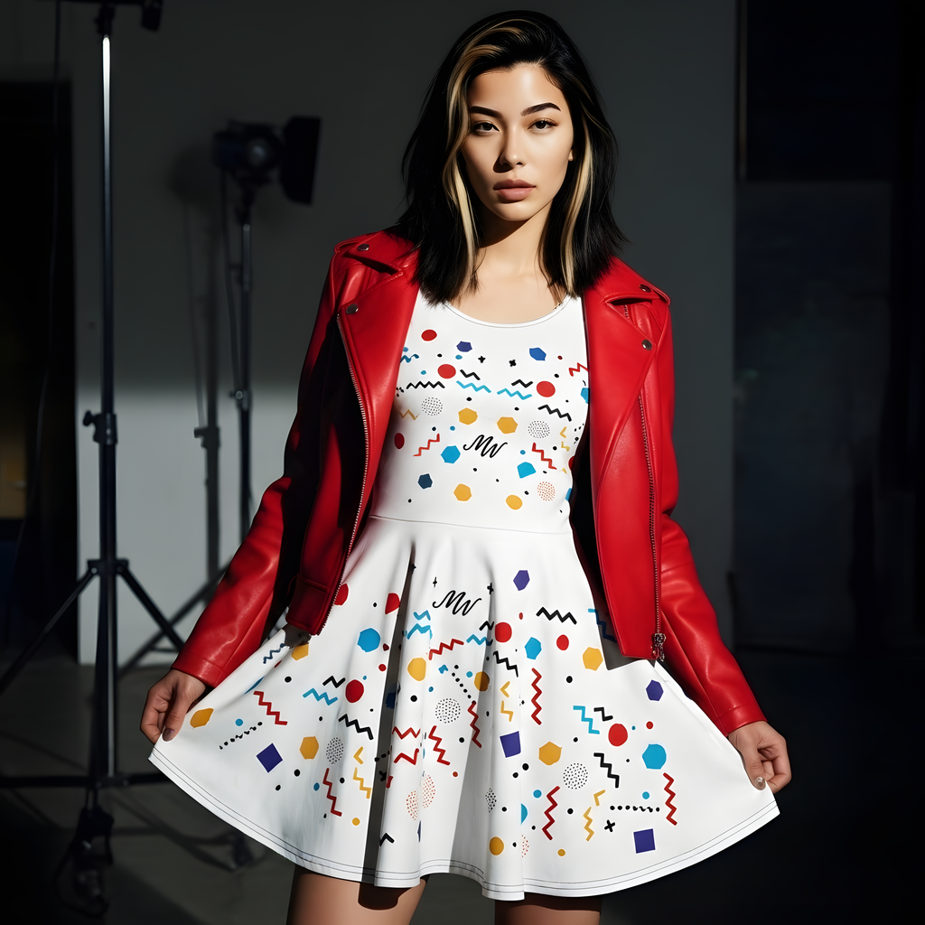 Woman wearing a white dress with colorful patterns and a red leather jacket in a studio setting.