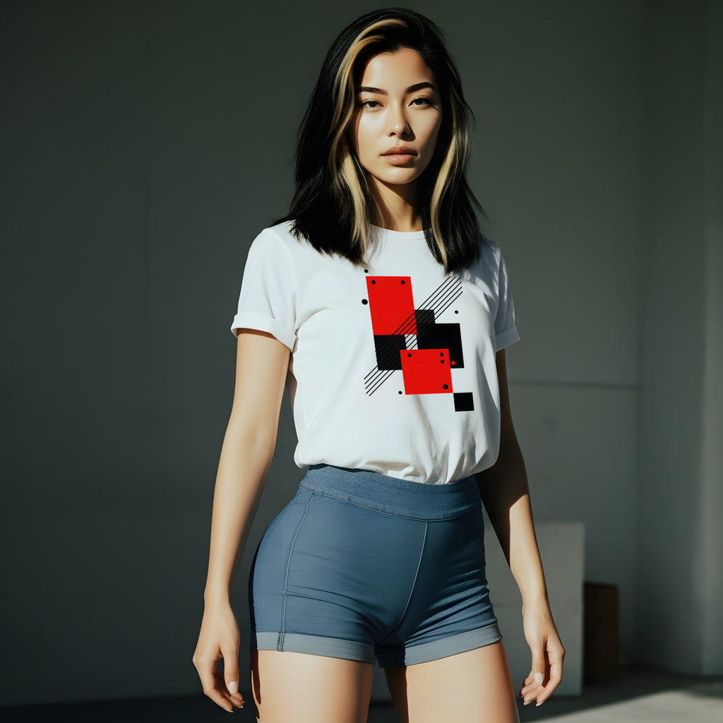 Person wearing a white t-shirt with a red and black geometric design and blue shorts on a dark background