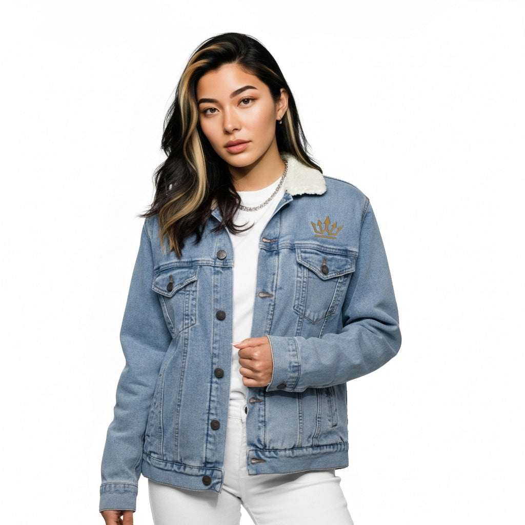 Woman wearing a blue denim jacket with a brand logo on a white background